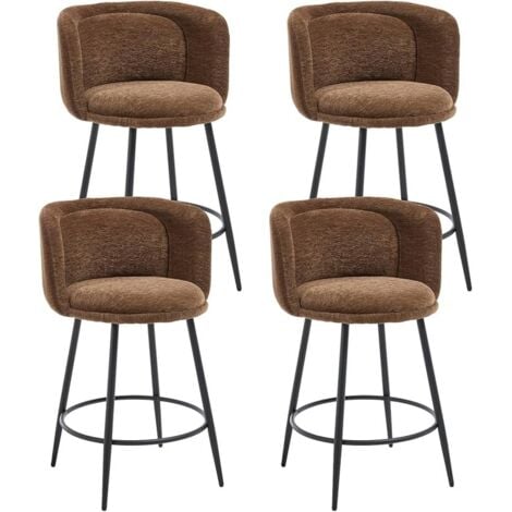 Wahson Lot de 4 Tabourets de bar Rembourrés en Chenille, Chaise Bar et Pieds en Métal, Chaises de bar pour îlot de cuisine, Marron