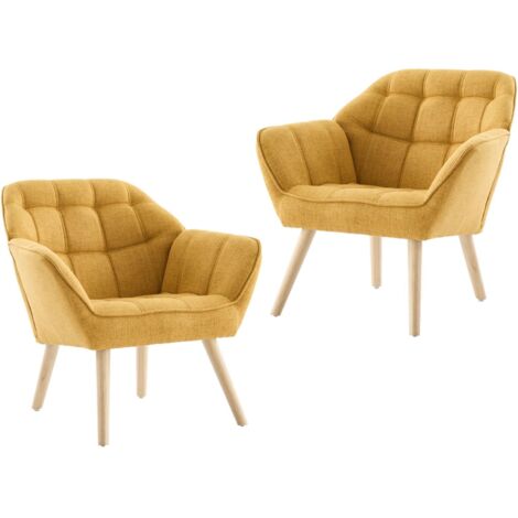 Wahson Fauteuil relax en Velours, Fauteuil Salon Moderne Lot de 2 Fauteuil Scandinave avec Pied Doré Fauteul Rembourré pour Chambre, Jaune