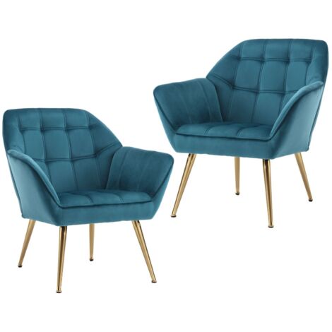 Wahson Fauteuil relax en Velours, Fauteuil Salon Moderne Lot de 2 Fauteuil Scandinave avec Pied Doré Fauteul Rembourré pour Chambre, Bleu