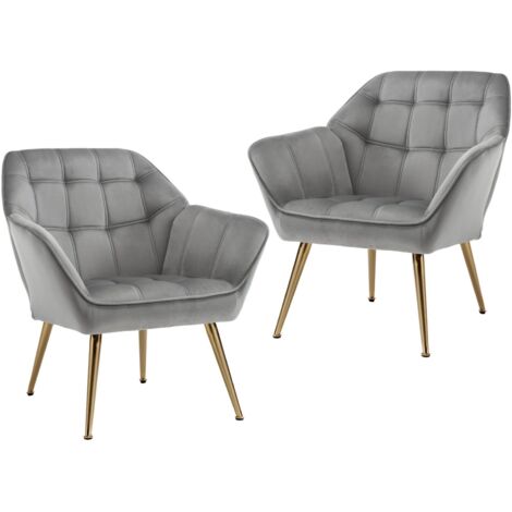 Wahson Fauteuil relax en Velours, Fauteuil Salon Moderne Lot de 2 Fauteuil Scandinave avec Pied Doré Fauteul Rembourré pour Chambre, Gris