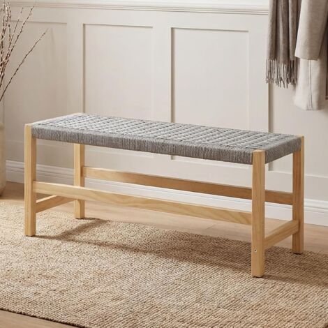 Wahson Banc Bout de Lit en Bois avec Tissage en Corde Naturelle, Banc Entrée Vintage Banquette de Chambre/Cuisine, 32 x 90 x 42 cm, Gris