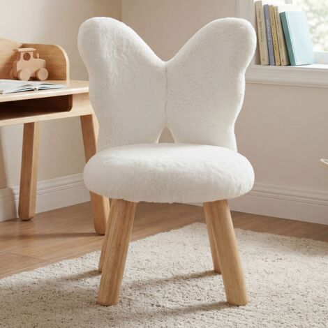 Wahson Tabouret Enfant avec Dossier en Forme de Papillon, Chaise Enfant en Fausse Fourrure, Petit Tabouret Bois pour Chambre, Salon, Blanc (1/5)