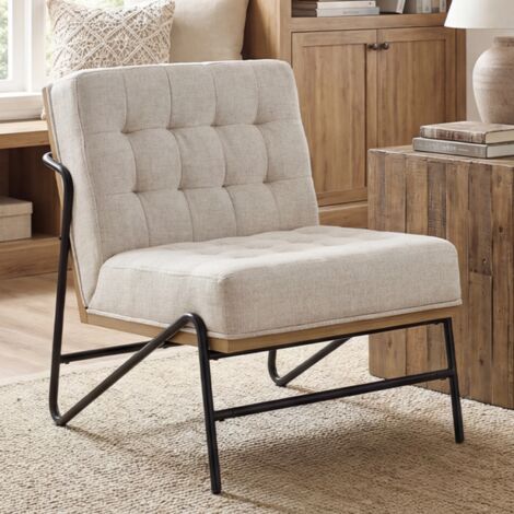 Wahson Fauteuil de Salon Confortable Fauteuil Scandinave Chaise de Chambre Capitonné en Lin Fauteuils Salon Moderne Pieds Métal, Avoine