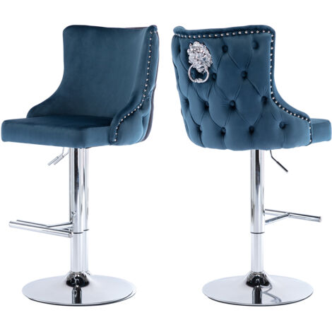 Wahson Office Chairs – Lot de 2 tabourets de bar en velours bleu – Hauteur réglable 60-82 cm – Repose-pieds en métal – Design moderne avec dossier haut
