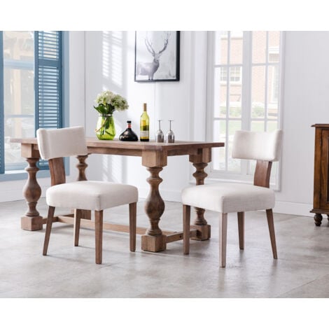 Lot de 2 Chaises Salle à Manger Chaise Cuisine en Lin Chaise Salon avec Pieds en Bois Massif Chaise Bois pour Cuisine, Beige
