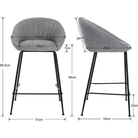 Lot de 2 Tabourets de bar en Tissu avec Pieds en Métal Chaises de Bar pour îlots de cuisine, Gris