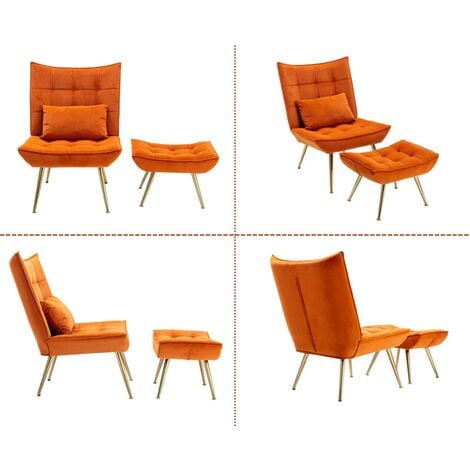Fauteuil Relax en Velours Fauteuil Loisir Rembourés avec Repose-Pieds Chaise de Salon Scandinave pour Salon, Orange