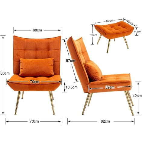 Fauteuil Relax en Velours Fauteuil Loisir Rembourés avec Repose-Pieds Chaise de Salon Scandinave pour Salon, Orange