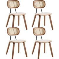Wahson Lot de 4 Chaises en Bois, Chaise Salle a Manger Vintage avec Dossier Rotin, Chaise Salle Manger Pour Cuisine, Beige