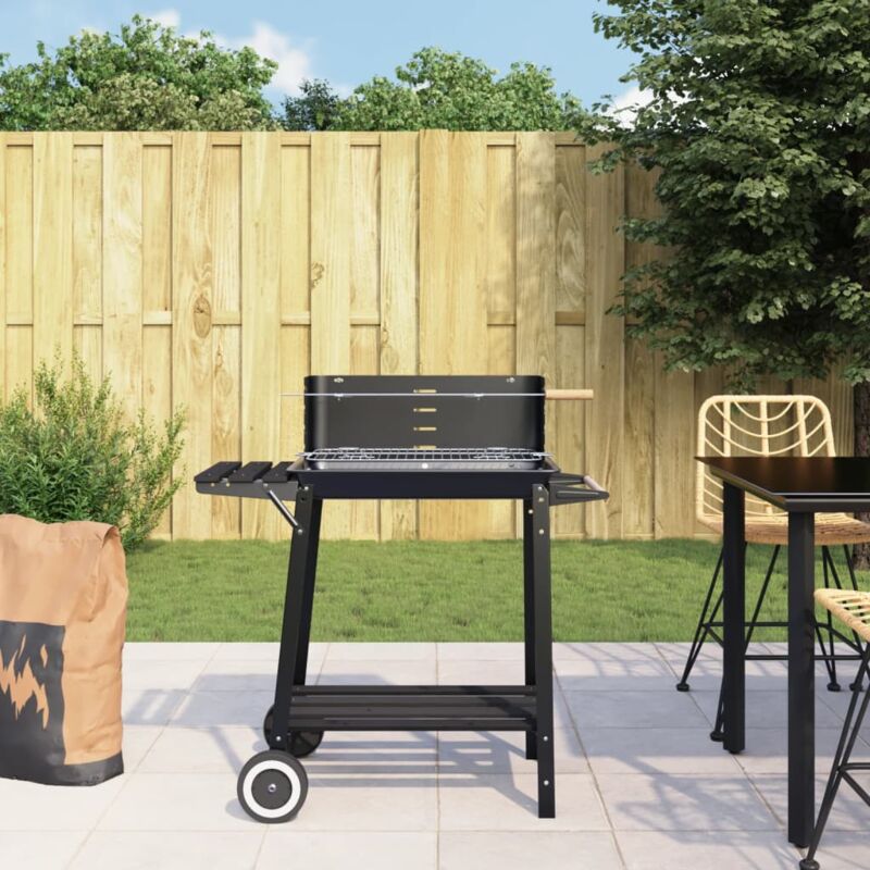 Outsunny - Barbecue à charbon - BBQ grill sur pied avec couvercle,  roulettes - 3 étagères, 3 crochets, 3 ustensiles, 2 grilles, cuve charbon  amovible - bois acier émaillé noir