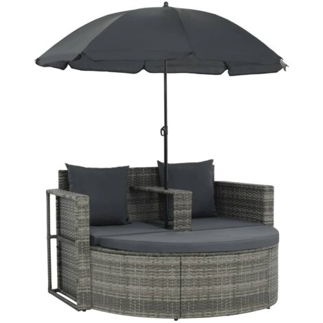 vidaXL Canapé de jardin 2 places avec coussins et parasol Gris