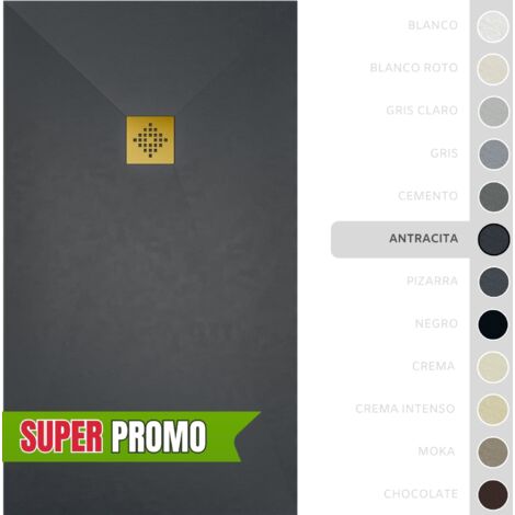 SOULBATH Plato de Ducha - Resina - Gel Coat - Textura Liso/Piedra - Antideslizante - Color Antracita - 110x80- Extraplano 3cm. Incluye Válvula desagüe y Rejilla - REJILLA DORADA (1/5)