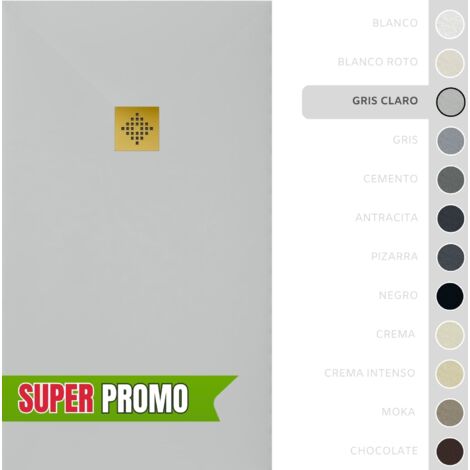 SOULBATH Plato de Ducha - Resina - Gel Coat - Textura Liso/Piedra - Antideslizante  - Color Gris Claro - 120x90- Extraplano 3cm. Incluye Válvula desagüe y Rejilla - REJILLA DORADA (1/5)