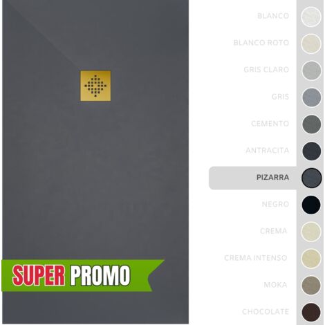 SOULBATH Plato de Ducha - Resina - Gel Coat - Textura Liso/Piedra - Antideslizante - Color Pizarra - 60X60- Extraplano 3cm. Incluye Válvula desagüe y Rejilla - REJILLA DORADA (1/5)