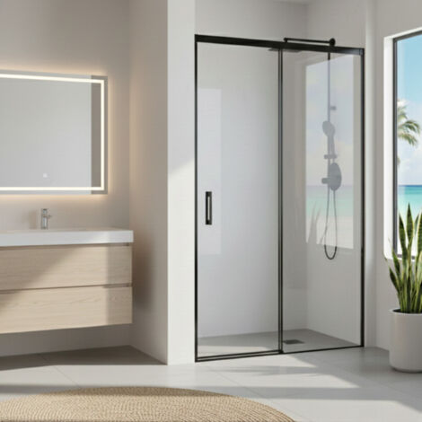 SOULHOME Mampara de Ducha Reversible 97-100x200h cm Perfil Estrecho SLIM Negro Mate Puerta Corredera Amortiguada + Fijo Cristal 6mm Antical (1/5)