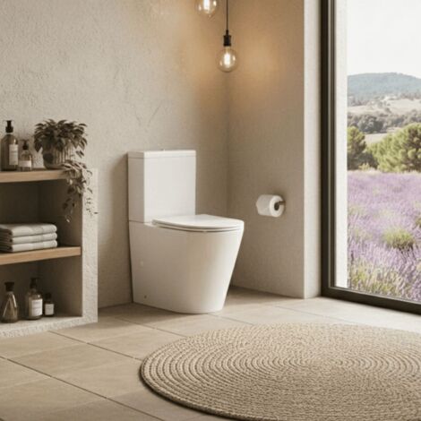 SOULHOME - Pack Inodoro Completo Rimless WC (BLANCO BRILLO) Tapa Amortiguada Slim - Salida Dual con doble descarga eco, Pulsador color Gris Mate