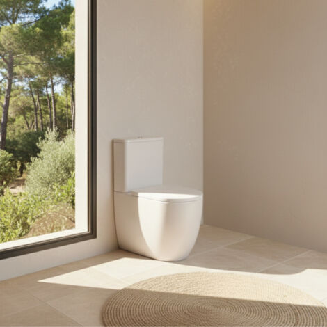 SOULHOME Pack Inodoro Completo Rimless Curvo Blanco Brillo Tapa Amortiguada Salida Horizontal/Vertical Doble Descarga Eco Pulsador Dorado
