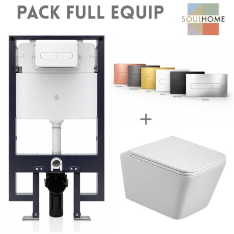 SOULHOME - Pack WC Inodoro Suspendido Rectangular Blanco Brillo Cisterna Empotrada y Pulsador Negro Tapa Slim Amortiguada -Fijacion Oculta (1/5)
