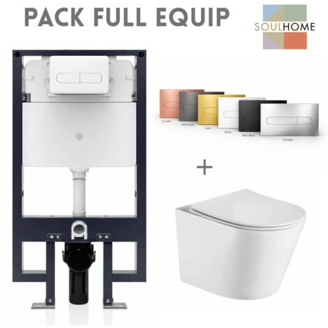 SOULHOME - Pack WC Inodoro Suspendido Blanco Brillo Completo con Cisterna Empotrada y Pulsador Cromo Tapa Slim Amortiguada -Fijacion Oculta