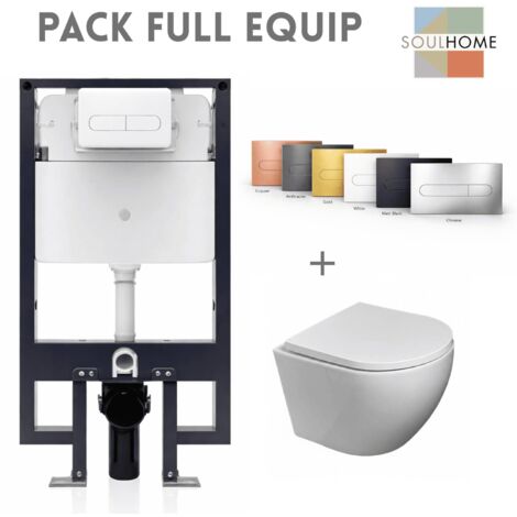 SOULHOME - Pack WC Inodoro Suspendido Blanco Brillo Completo con Cisterna Empotrada y Pulsador Blanco Tapa Amortiguada y Fijaciones Ocultas