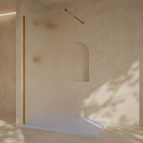 SOULHOME Mampara Panel Fijo Translucido, Fácil instalación Vidrio MATE Arenado de seguridad 8 mm antical, 110 cm ancho x 200 cm alto, Perfil Oro (1/5)