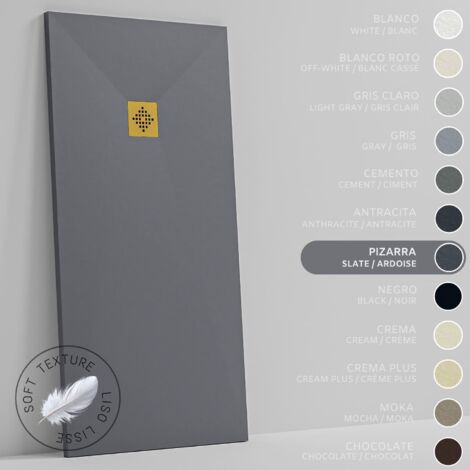 SOULHOME Plato de Ducha - Resina - Gel Coat - Textura Liso Seda - Antideslizante - Color Pizarra - 140x80- Extraplano 3cm. REJILLA DORADA (1/5)