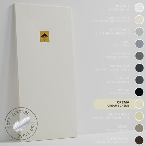 SOULHOME Plato de Ducha - Resina - Gel Coat - Textura Liso Seda - Antideslizante - Color Crema - 140x80- Extraplano 3cm. REJILLA DORADA (1/5)