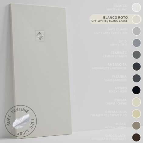 Plato de Ducha - Resina - Gel Coat - Textura Liso Seda - Antideslizante - Color Blanco Roto - 170x80- Extraplano 3cm. REJILLA MISMO COLOR