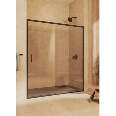 Mampara de ducha frontal corredera + fijo, sin perfil inferior, Vidrio de seguridad 6mm antical, 148,5 a 153 cm x 195cm H, REVERSIBLE, Negro