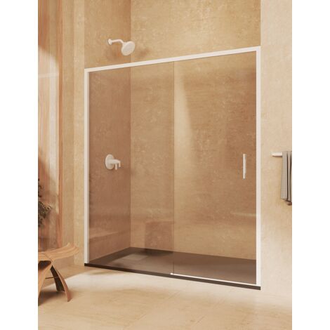 Mampara de ducha frontal 1 corredera + 1 fijo sin perfilería inferior cristal transparente templado 6mm antical 115 a 120 cm ancho adaptable x 195 cm alto posición puerta a derecha blanco mate