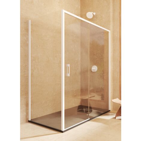 Mampara angular corredera+ fijo+ lateral fijo, sin perfil inferior, Vidrio de seguridad 6mm antical, 95-100cm x Fijo IZDA. 67-69cm H=195cm, Blanco (1/5)