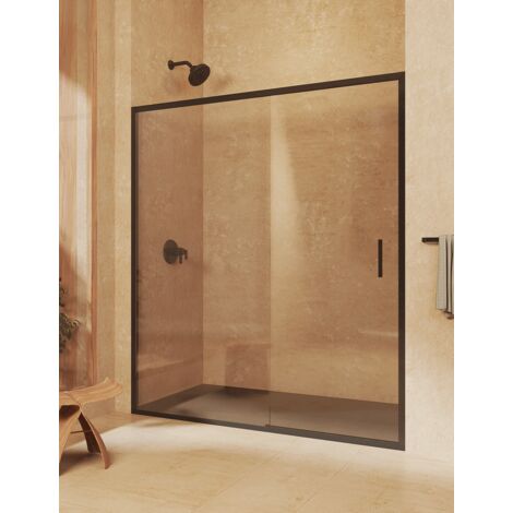 Mampara de ducha frontal 1 corredera + 1 fijo sin perfilería inferior cristal transparente templado 6mm antical 95 a 100 cm ancho adaptable x 195 cm alto posición puerta a derecha negro mate