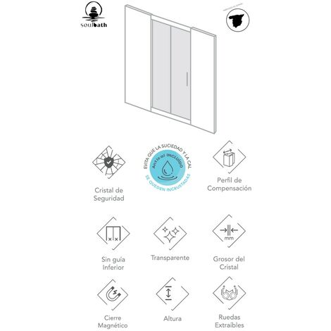 Mampara de ducha frontal 1 corredera + 1 fijo sin perfilería inferior cristal transparente templado 6mm antical 95 a 100 cm ancho adaptable x 195 cm alto posición puerta a derecha negro mate