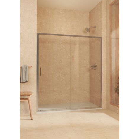 Mampara de ducha frontal corredera + fijo, con perfil inferior, Vidrio de seguridad 6mm antical, 163,5 a 168 cm x 195cm alto, REVERSIBLE, Plata (1/5)
