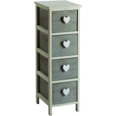 King Home Paulownia Holz Kommode 26x32x81h cm 4 Schubladen W/Kern weiß/grau