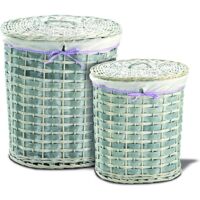 King Home Ovales Wäscheset aus Korbgeflecht 1/2 - 47x35x53h - 52x40x58h cm - grau mit fliederfarbener Schleife