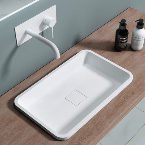 doporro® lavabo encastrado 60x38x12cm Colossum104 mármol fundido blanco rectangular con tapa de desagüe sin grifo monomando