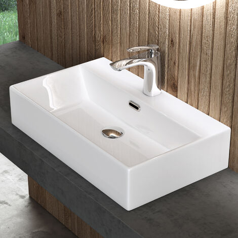 doporro® Lavabo sobre encimera lavabo suspendido lavabo de cerámica lavabo de mano lavabo rectangular de baño en blanco brillante 60x36x13 cm Brüssel206