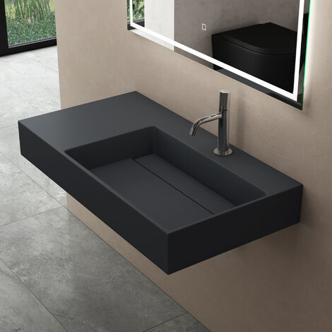 doporro Lavabo de diseño 100x48x13cm desagüe oculto Colossum12-derecho en antracita mate de mármol fundido apto como lavabo sobre encimera y lavabo suspendido