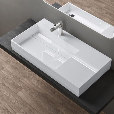 doporro Lavabo de diseño 100x48x13cm desagüe oculto Colossum12-izquierdo en blanco de mármol fundido apto como lavabo sobre encimera y lavabo suspendido