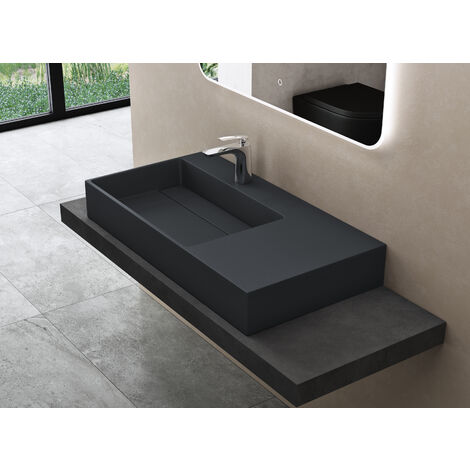 doporro® Lavabo de diseño 75x48x13cm desagüe oculto Colossum12-izquierdo en antracita mate de mármol fundido apto como lavabo sobre encimera y lavabo suspendido