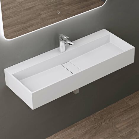doporro Lavabo sobre encimera 100x40x14cm de diseño Colossum6028 lavabo en blanco mate de fundición mineral con 1 orificio para grifería