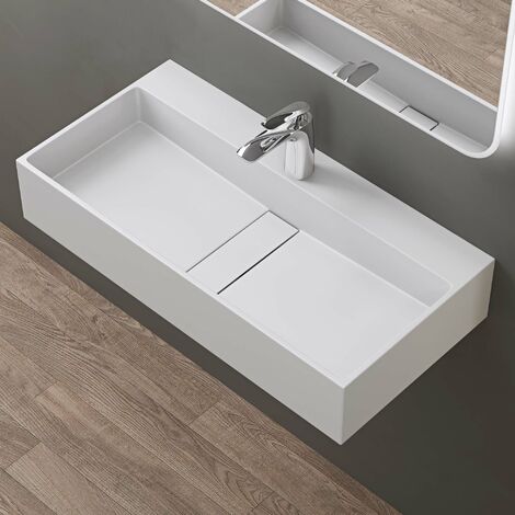 doporro Lavabo sobre encimera 80x40x14cm de diseño Colossum6028 lavabo en blanco mate de fundición mineral con 1 orificio para grifería