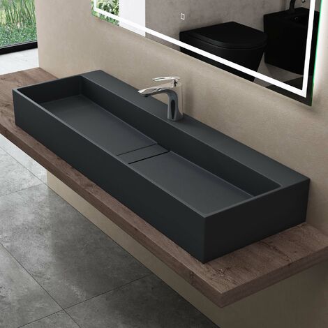 doporro Lavabo sobre encimera 100x40x14cm de diseño Colossum6028 lavabo en antracita de fundición mineral con 1 orificio para grifería