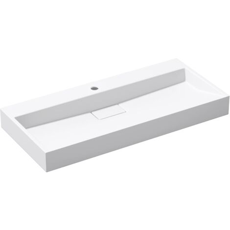 doporro Lavabo sobre encimera blanco mate de mármol fundido con válvula de desagüe 100x46x11cm Colossum19 lavabo rectangular suspendido con 1 orificio para grifo con nano revestimiento