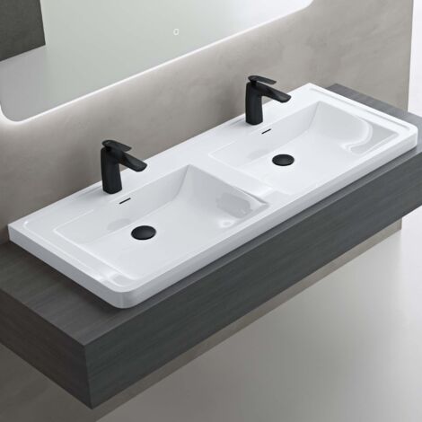 doporro Lavabo empotrado Baño Lavabo Rectangular Blanco Brillante Mármol Fundido con Recubrimiento de Nano 120x48x14,5 cm con Orificio para Grifo y Rebosadero Colossum08