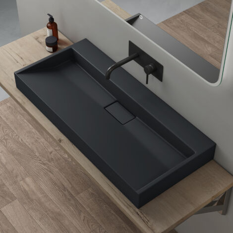 doporro Lavabo sobre encimera antracita mate de mármol fundido con válvula de desagüe 100x46x11cm Colossum19 lavabo suspendido rectangular sin orificio para grifo con nano revestimiento