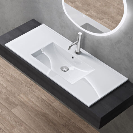 doporro Lavabo de Baño Rectangular Empotrado de Cerámica, 100cm, Blanco Brillante, con Desbordamiento y Orificio para Grifo Brüssel912
