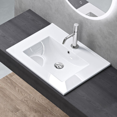 doporro Lavabo de Baño Rectangular Empotrado de Cerámica, 60cm, Blanco Brillante, con Desbordamiento y Orificio para Grifo Brüssel912