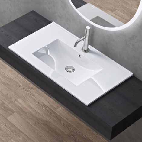 doporro Lavabo de Baño Rectangular Empotrado de Cerámica, 80cm, Blanco Brillante, con Desbordamiento y Orificio para Grifo Brüssel912